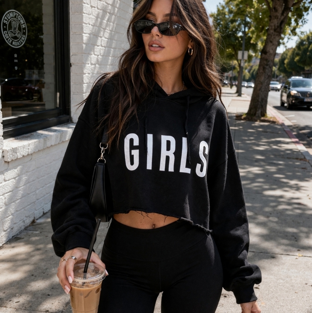 Brunette The Label Black GIRLS Hoodie Cropped Raw Hem Cotton Blend Graphic